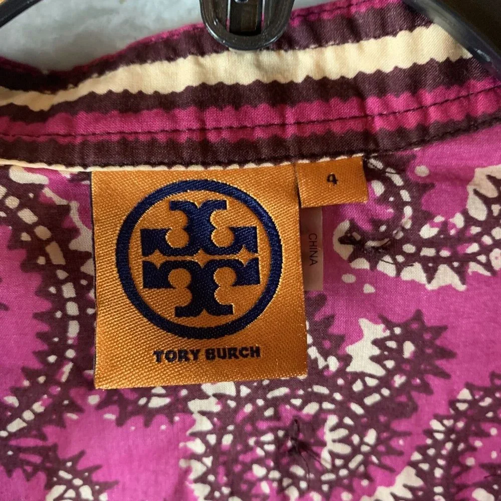 Tory Burch Blouse Women's Size 4 Magenta Cotton Paisley V-Neck Long Sleeve 6570‎